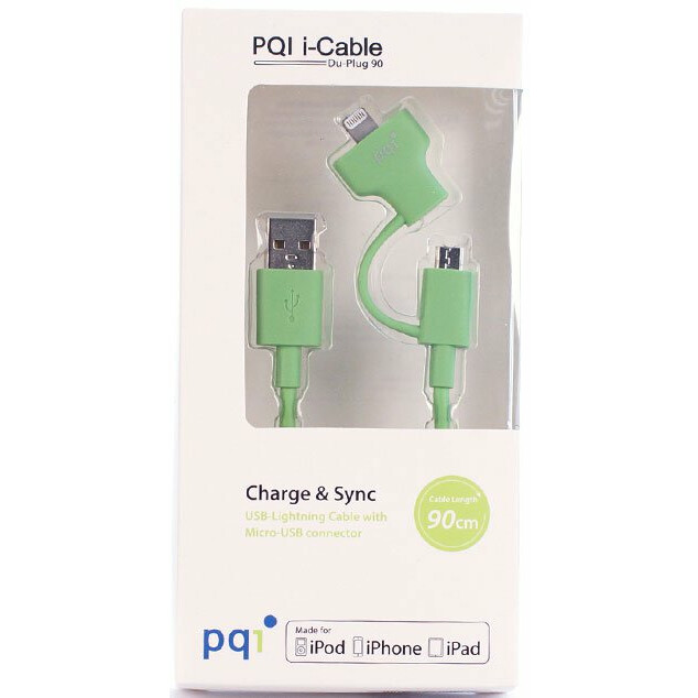 Кабель USB - microUSB/Lightning, 0.9м, PQI PQI-iCABLE-DuPlug90-GN - 6PCG-008R0016A