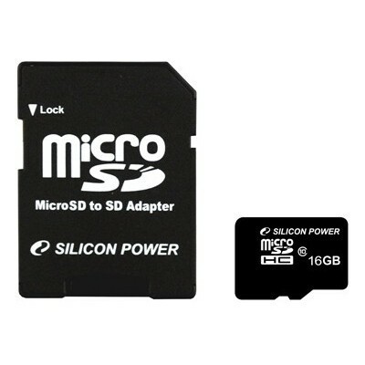 Карта памяти 16Gb MicroSD Silicon Power + SD адаптер (SP016GBSTH010V10SP)