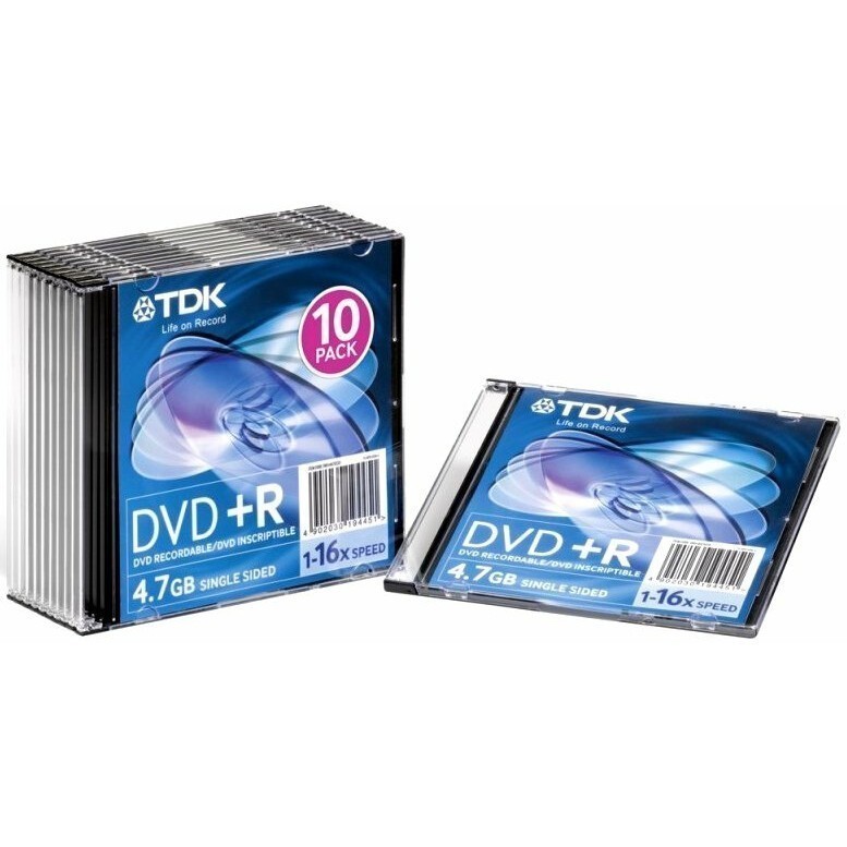 Диск DVD+R TDK 4.7Gb 16x Slim Jewel Case (10шт.) (T19447)