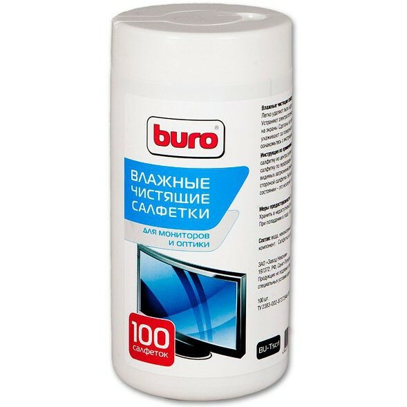 Салфетки Buro BU-TSCRL для экранов и оптики, туба, 100шт - 817440
