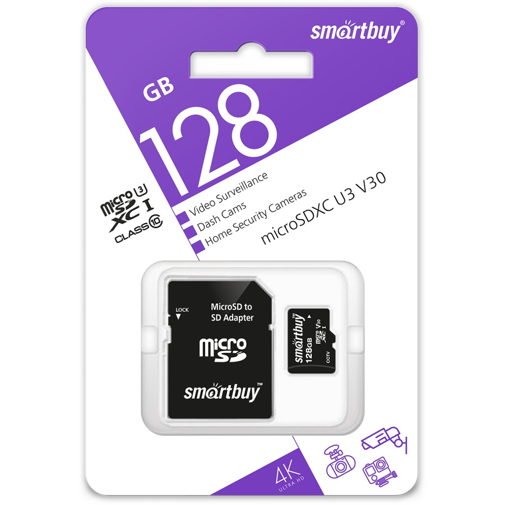 Карта памяти 128GB MicroSD SmartBuy + SD адаптер (SB128GBSDCCTV)