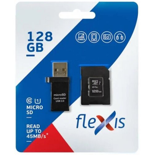 Карта памяти 128GB MicroSD Flexis + SD адаптер + кардридер (FX128GMSDXCU1)