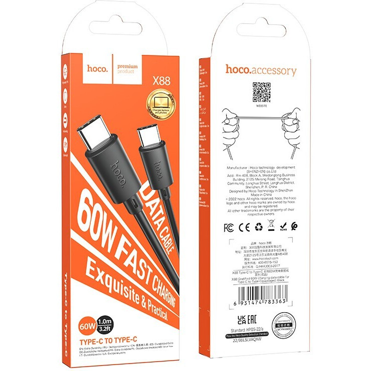 Кабель USB Type-C - USB Type-C, 1м, HOCO X88 Black (HC-83363) - 6931474783363 - фото 3