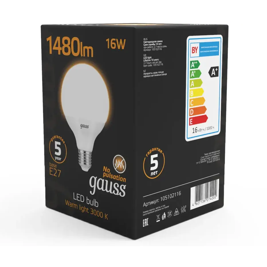 Светодиодная лампочка Gauss G95 3000K (16 Вт, E27) - 105102116 - фото 4