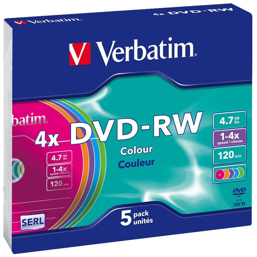 Диск DVD-RW Verbatim 4.7Gb 4x Colour Slim Case (5 шт.) - 43563