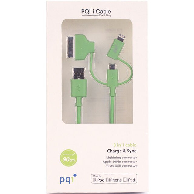 Кабель USB - microUSB/Lightning/30-pin, 0.9м, PQI PQI-iCABLE-MULTIPLUG-GN - 6PCN-008R0011A