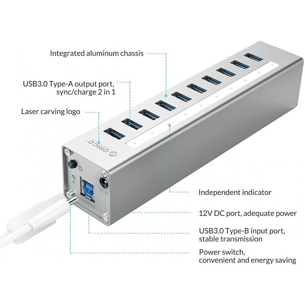 USB-концентратор Orico A3H10-SV Silver - фото 2