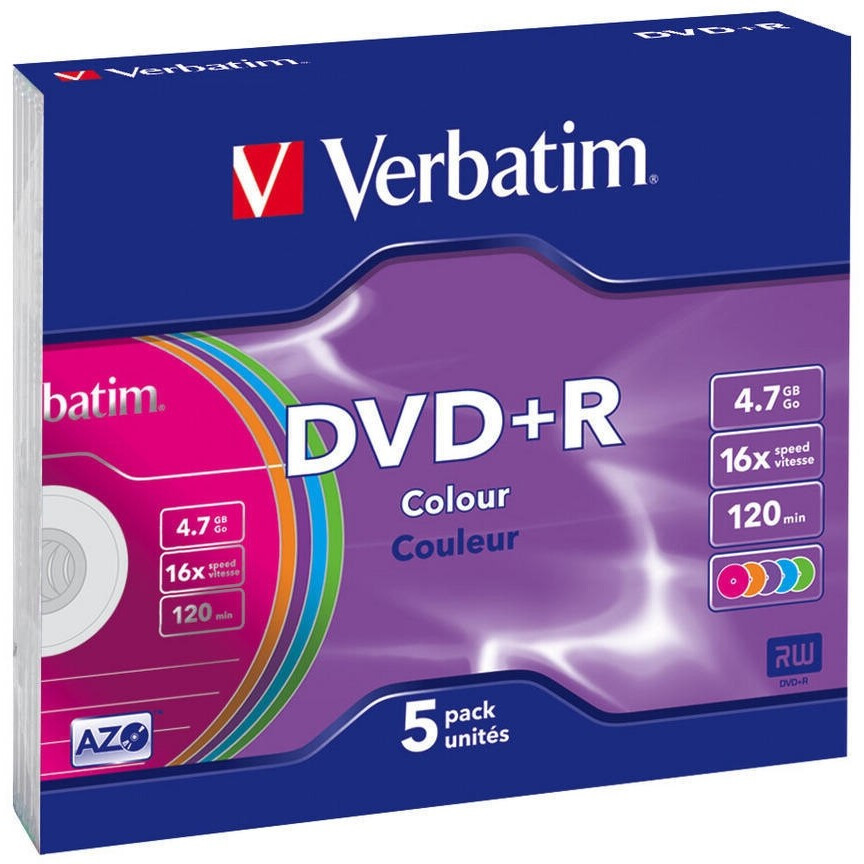 Диск DVD+R Verbatim 4.7Gb 16x Colour Slim Case (5 шт.) - 43556