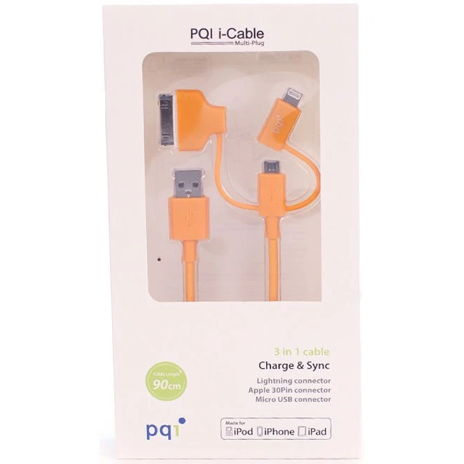 Кабель USB - microUSB/Lightning/30-pin, 0.9м, PQI PQI-iCABLE-MULTIPLUG-OR - 6PCN-008R0014A