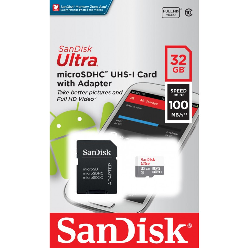Карта памяти 32GB MicroSD SanDisk Ultra + SD адаптер (SDSQUNR-032G-GN3MA)