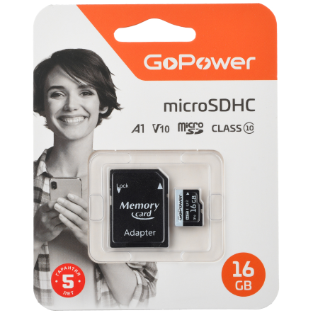 Карта памяти 16Gb MicroSD GoPower + SD адаптер (00-00025674)