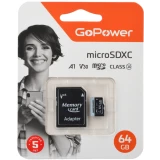 Карта памяти 64Gb MicroSD GoPower + SD адаптер (00-00025676)