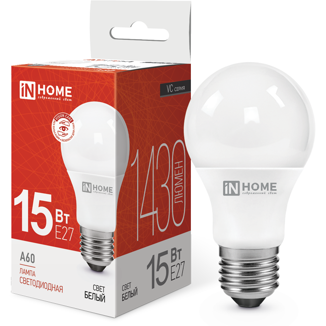 Светодиодная лампочка IN HOME LED-A60-VC (15 Вт, E27) 4000K - 4690612020273