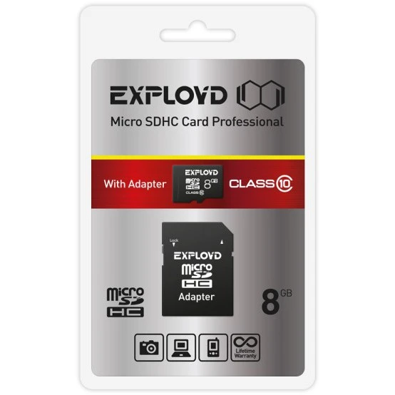 Карта памяти 8Gb MicroSD Exployd + SD адаптер (EX008GCSDHC10-AD)