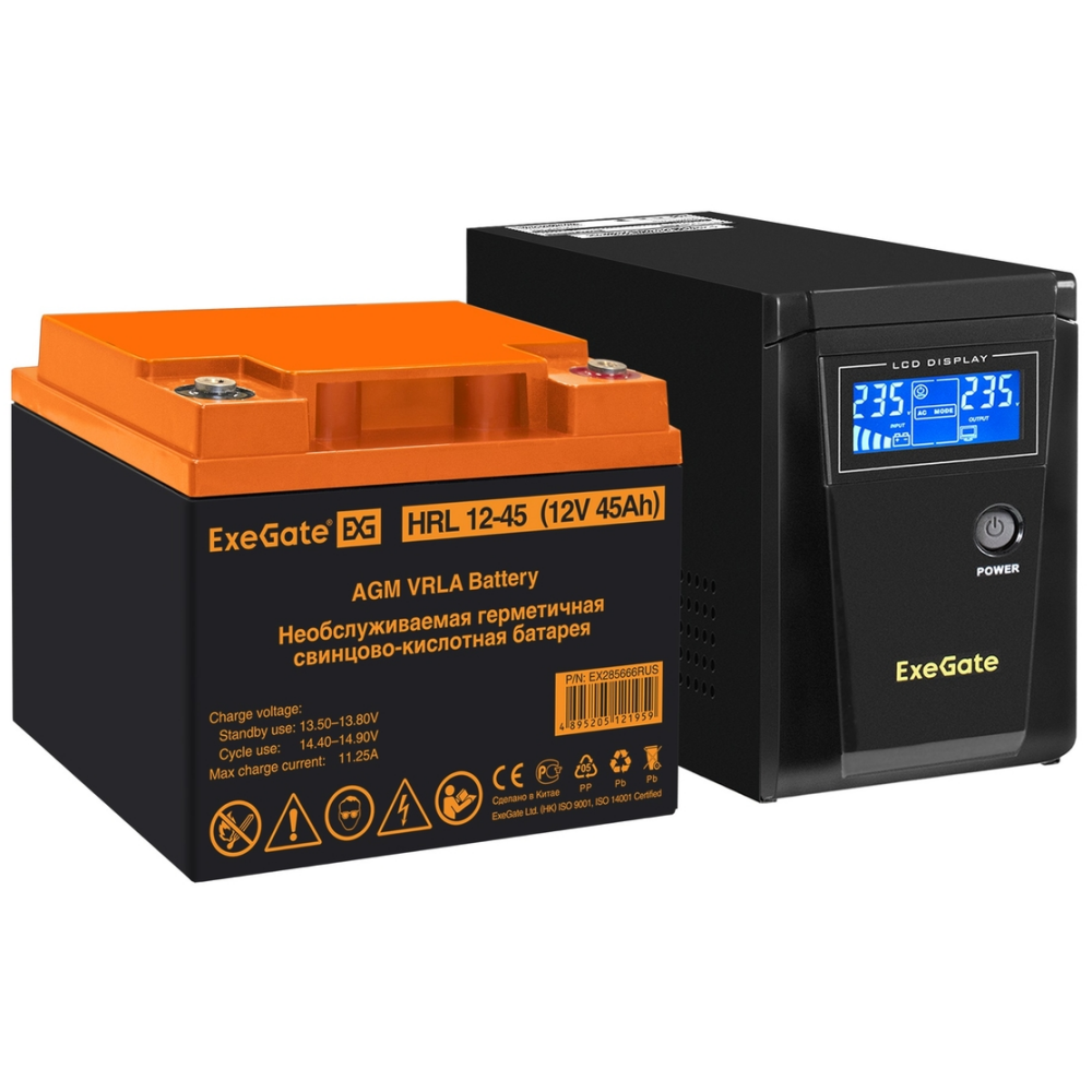 ИБП + батарея ExeGate SineTower SZ-600.LCD.AVR.1SH + HRL 12-45 (45Ач) - EX296772RUS
