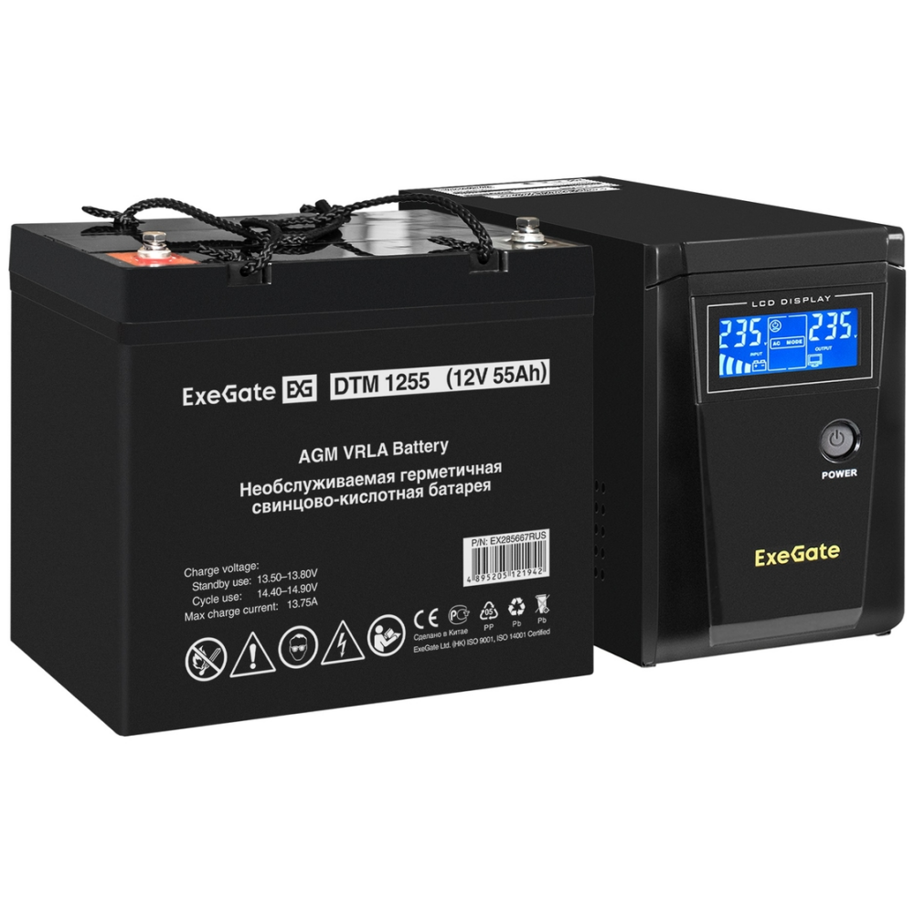 ИБП + батарея ExeGate SineTower SZ-600.LCD.AVR.1SH + DTM 1255 (55Ач) - EX296773RUS