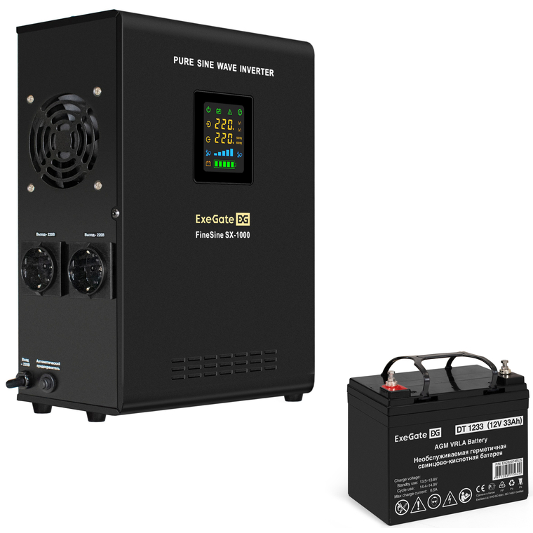 ИБП + батарея ExeGate FineSine SX-1000.LCD.AVR.2SH + DT 1233 (33Ач)