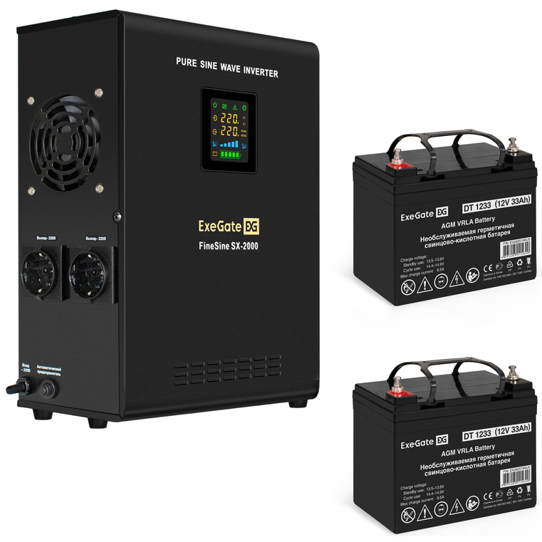 ИБП + батарея ExeGate FineSine SX-2000.LCD.AVR.2SH + 2x DT 1233 (33Ач)