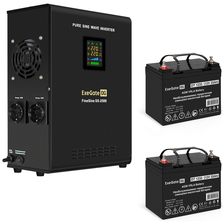 ИБП + батарея ExeGate FineSine SX-2500.LCD.AVR.2SH + 2x DT 1233 (33Ач)