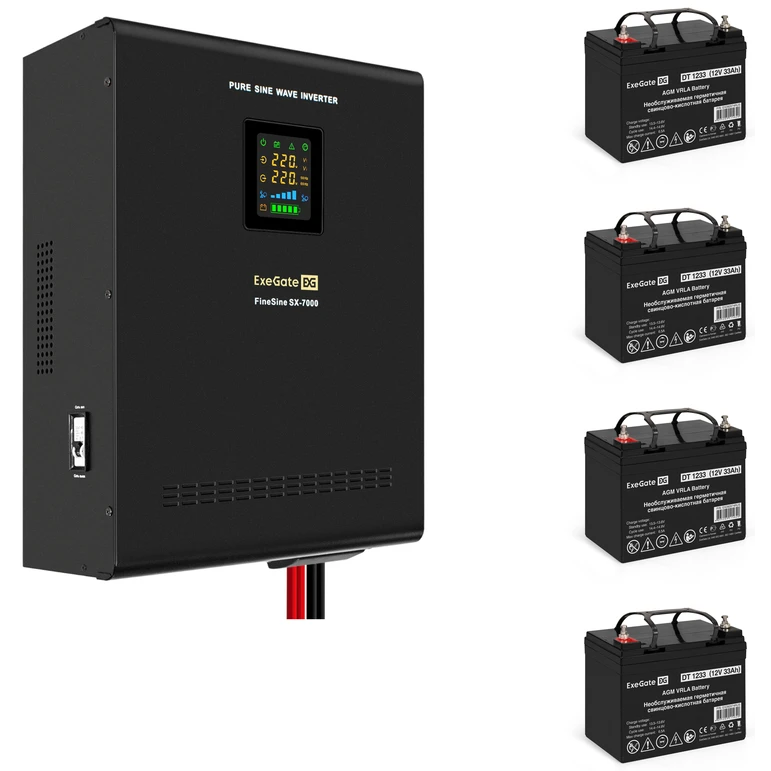 ИБП + батарея ExeGate FineSine SX-7000.LCD.AVR.2SH.T + 4x DT 1233 (33Ач) - EX296679RUS