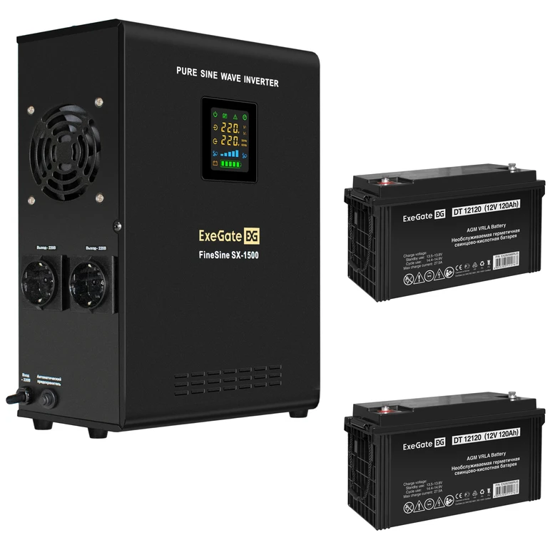 ИБП + батарея ExeGate FineSine SX-1500.LCD.AVR.2SH + 2x DT 12120 (120Ач) - EX296579RUS