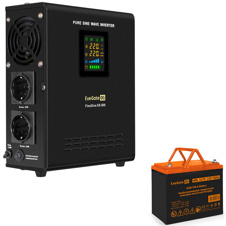 ИБП + батарея ExeGate FineSine SX-800.LCD.AVR.2SH + HRL 12-75 (75Ач) - EX296528RUS