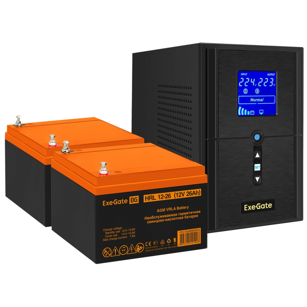 ИБП + батарея ExeGate SineTower SZ-1000.LCD.AVR.2SH.1C13.USB + 2x HRL 12-26 (26Ач)