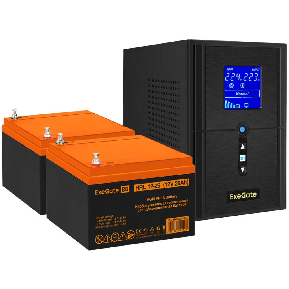 ИБП + батарея ExeGate SineTower SZ-1500.LCD.AVR.2SH.1C13.USB + 2x HRL 12-26 (26Ач)