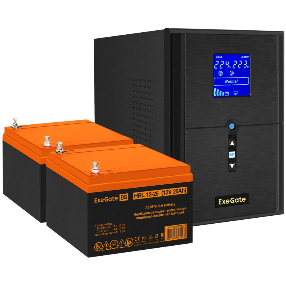 ИБП + батарея ExeGate SineTower SZ-2000.LCD.AVR.3SH.1C13.USB + 2x HRL 12-26 (26Ач)