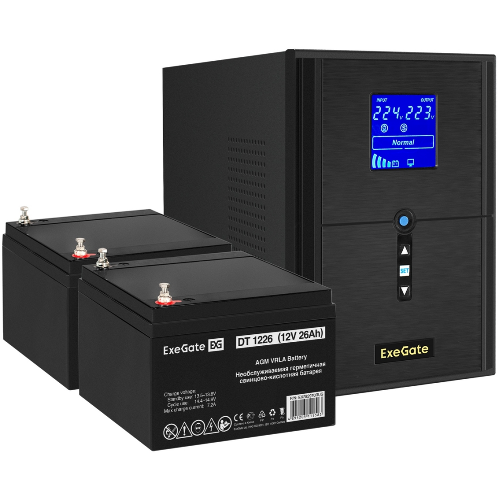 ИБП + батарея ExeGate SineTower SZ-2000.LCD.AVR.3SH.1C13.USB + 2x DT 1226 (26Ач) - EX296835RUS