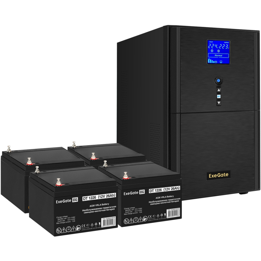 ИБП + батарея ExeGate SineTower SZ-5000.LCD.AVR.2SH.1C13.T.RJ.USB + 4x DT 1226 (26Ач) - EX296881RUS