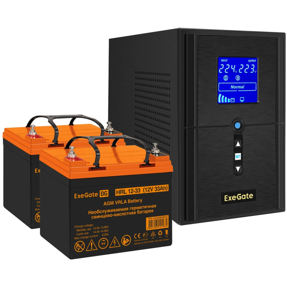 ИБП + батарея ExeGate SineTower SZ-1000.LCD.AVR.2SH.1C13.USB + 2x HRL 12-33 (33Ач)