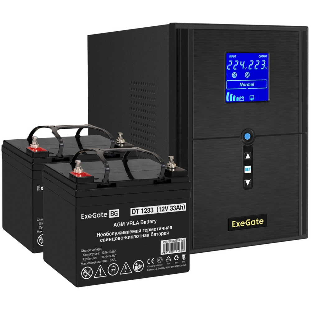 ИБП + батарея ExeGate SineTower SZ-2000.LCD.AVR.3SH.1C13.USB + 2x DT 1233 (33Ач)