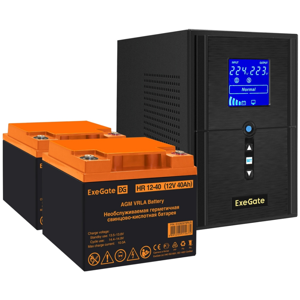 ИБП + батарея ExeGate SineTower SZ-1000.LCD.AVR.2SH.1C13.USB + 2x HR 12-40 (40Ач)