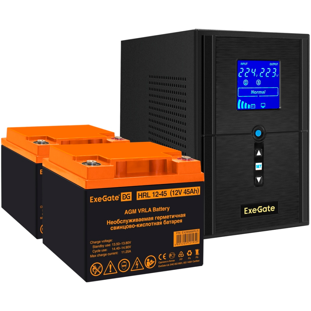 ИБП + батарея ExeGate SineTower SZ-1500.LCD.AVR.2SH.1C13.USB + 2x HRL 12-45 (45Ач)