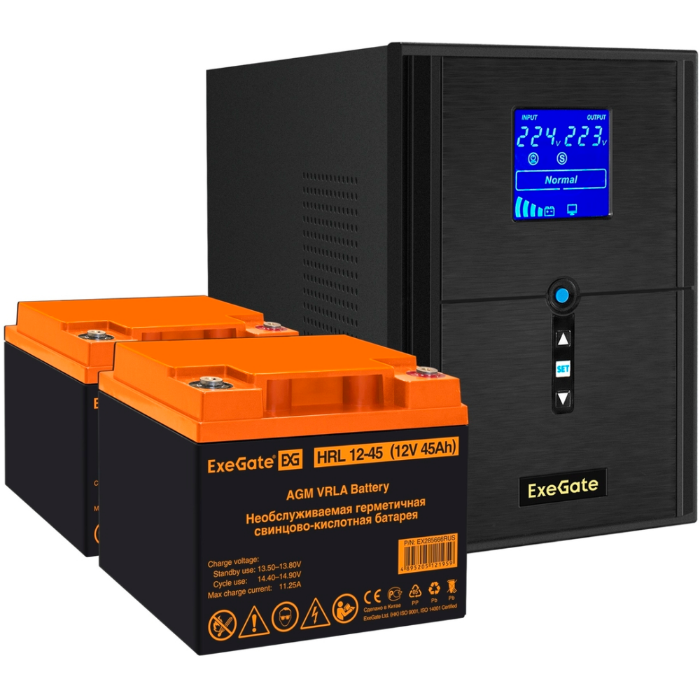 ИБП + батарея ExeGate SineTower SZ-2000.LCD.AVR.3SH.1C13.USB + 2x HRL 12-45 (45Ач) - EX296841RUS