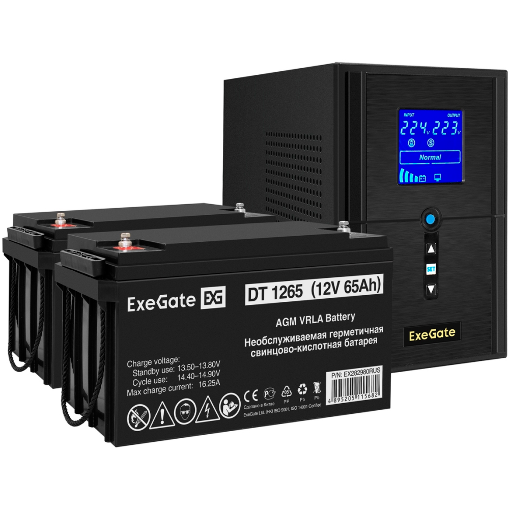 ИБП + батарея ExeGate SineTower SZ-1500.LCD.AVR.2SH.1C13.USB + 2x DT 1265 (65Ач)
