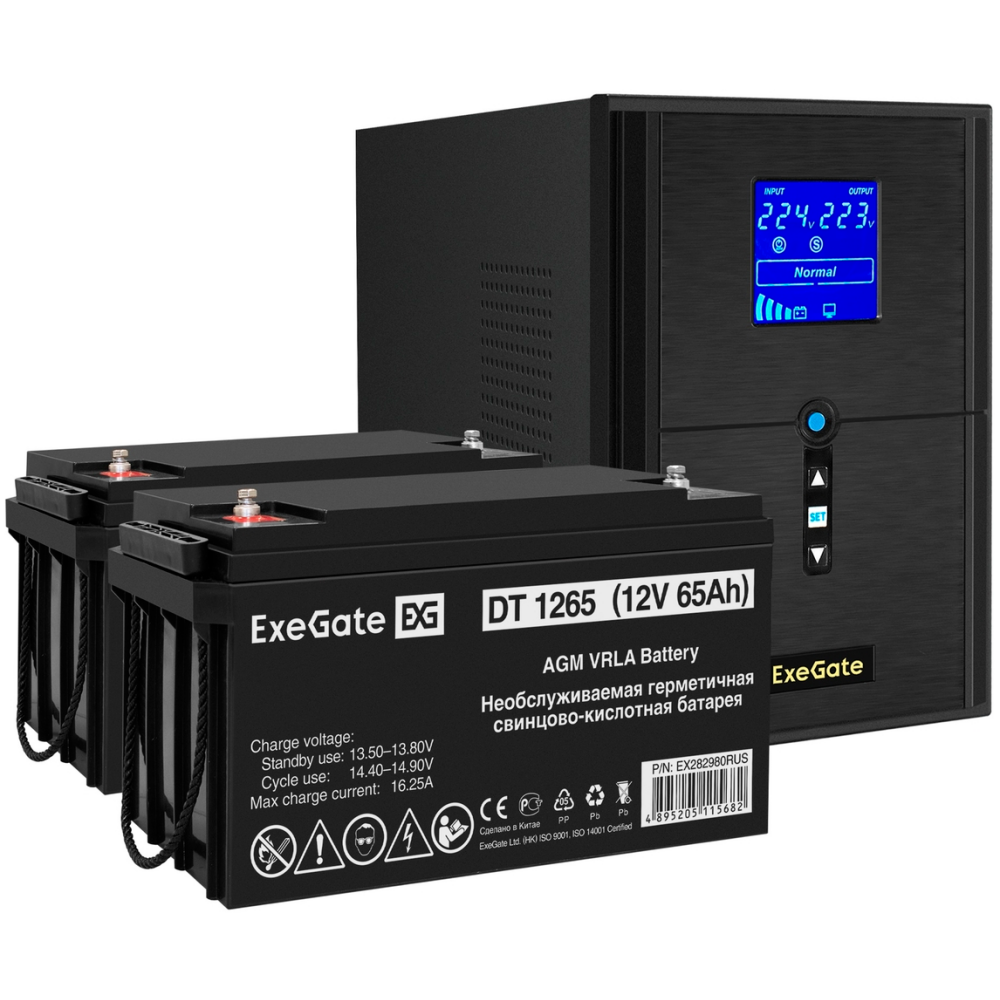 ИБП + батарея ExeGate SineTower SZ-2000.LCD.AVR.3SH.1C13.USB + 2x DT 1265 (65Ач)