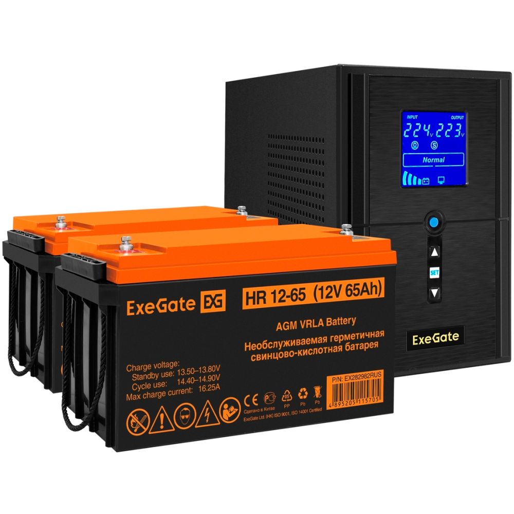ИБП + батарея ExeGate SineTower SZ-1000.LCD.AVR.2SH.1C13.USB + 2x HR 12-65 (65Ач)