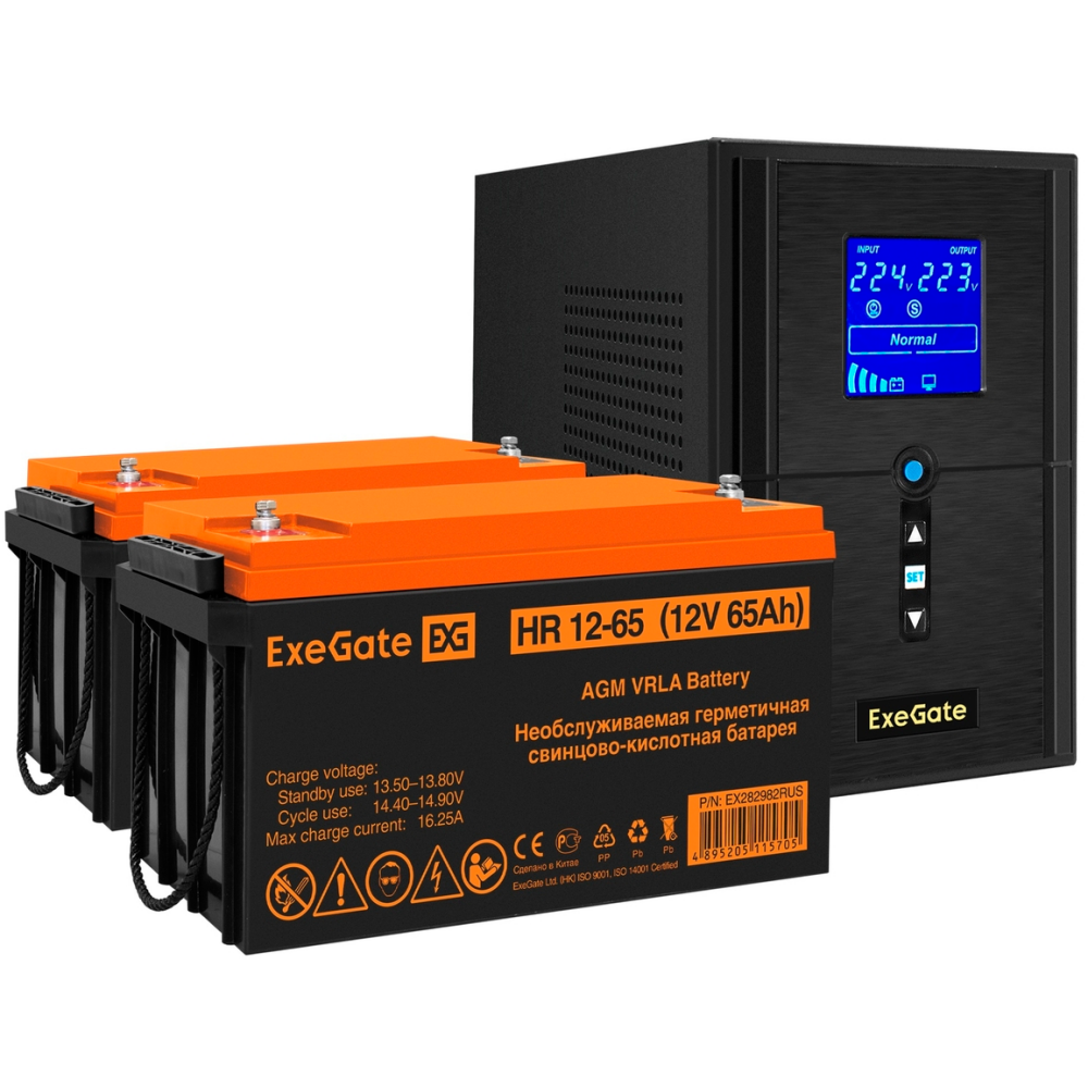ИБП + батарея ExeGate SineTower SZ-1500.LCD.AVR.2SH.1C13.USB + 2x HR 12-65 (65Ач)