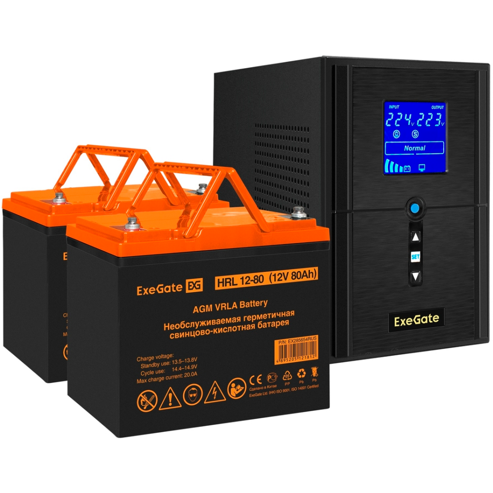 ИБП + батарея ExeGate SineTower SZ-1500.LCD.AVR.2SH.1C13.USB + 2x HRL 12-80 (80Ач)