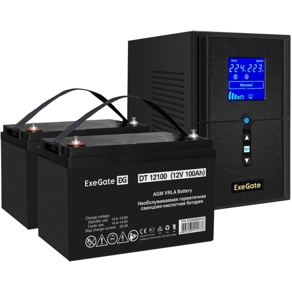 ИБП + батарея ExeGate SineTower SZ-1000.LCD.AVR.2SH.1C13.USB + 2x DT 12100 (100Ач)