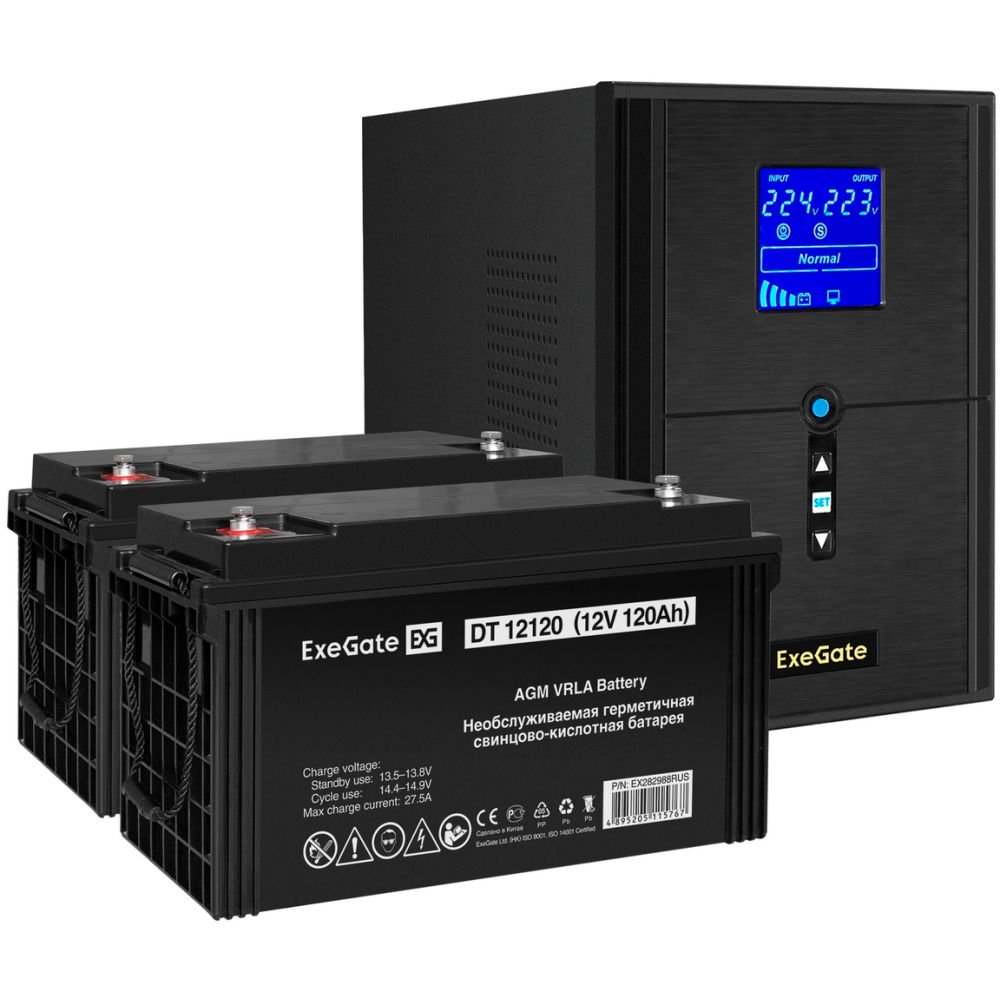 ИБП + батарея ExeGate SineTower SZ-2000.LCD.AVR.3SH.1C13.USB + 2x DT 12120 (120Ач) - EX296852RUS