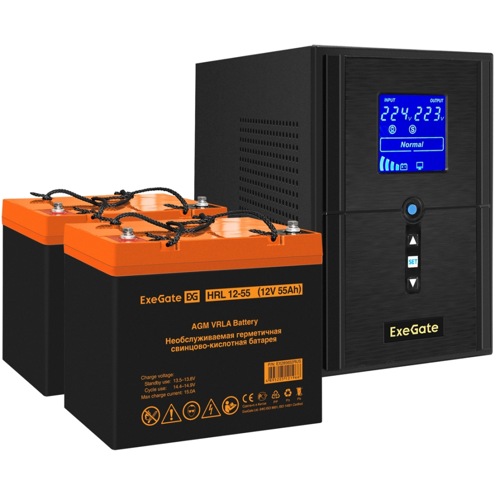 ИБП + батарея ExeGate SineTower SZ-1000.LCD.AVR.2SH.1C13.USB + 2x HRL 12-55 (55Ач)