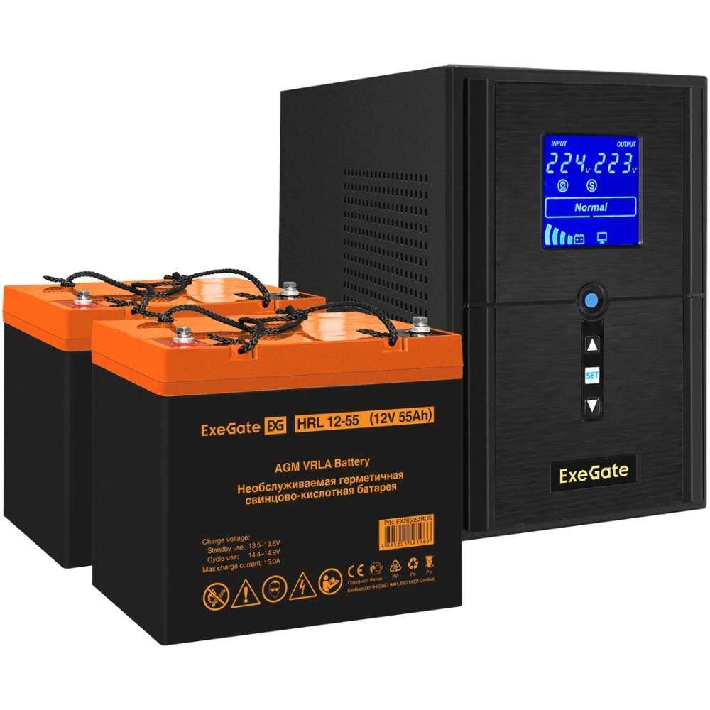 ИБП + батарея ExeGate SineTower SZ-1000.LCD.AVR.2SH.1C13.USB + 2x HRL 12-55 (55Ач) - EX296797RUS