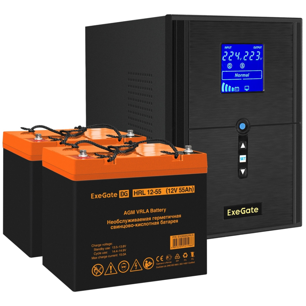 ИБП + батарея ExeGate SineTower SZ-2000.LCD.AVR.3SH.1C13.USB + 2x HRL 12-55 (55Ач)
