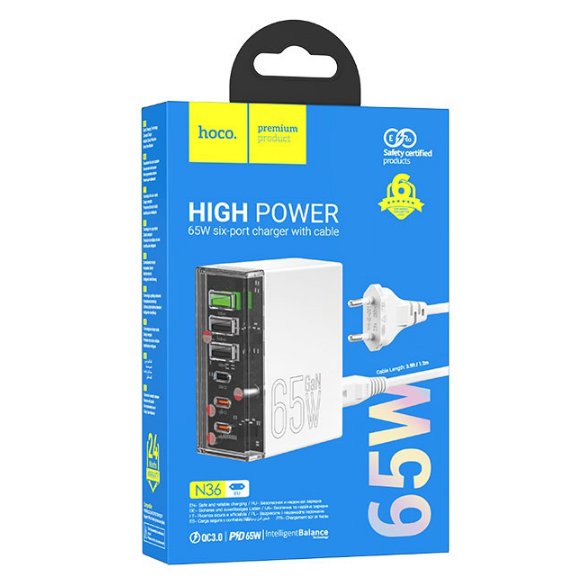 Сетевое зарядное устройство HOCO 65W GaN White - 6942007606608 - фото 4