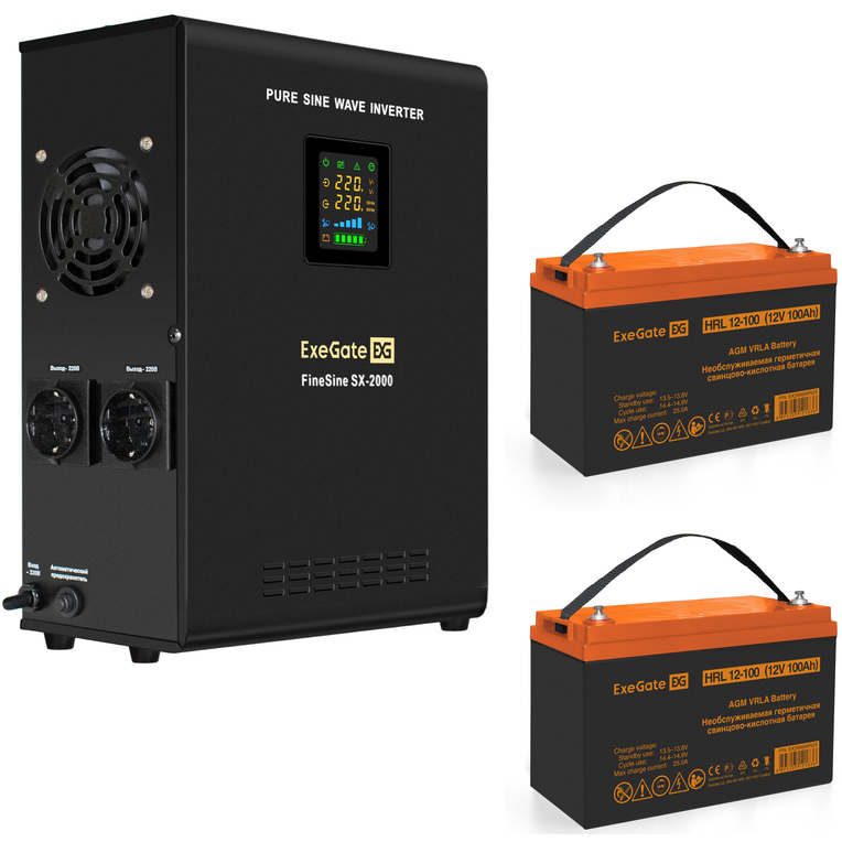 ИБП + батарея ExeGate FineSine SX-2000.LCD.AVR.2SH + 2x HRL 12-100 (100Ач) - EX296601RUS