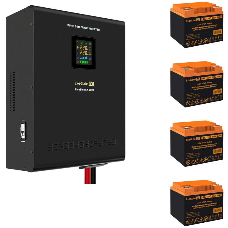 ИБП + батарея ExeGate FineSine SX-7000.LCD.AVR.2SH.T + 4x HRL 12-45 (45Ач) - EX296683RUS