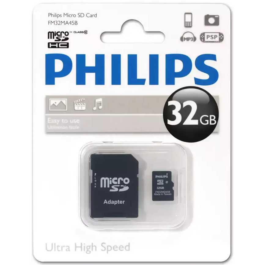 Карта памяти 32GB MicroSD Philips + SD адаптер (FM32MA45B/97)